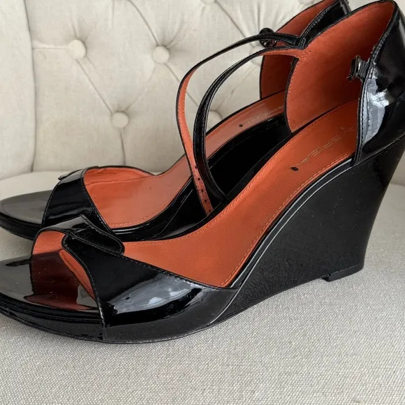 Black leather patent wedges sandals ankle strap
