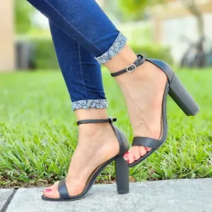 Black PU Ankle Strap Block Heel Dress Sandals