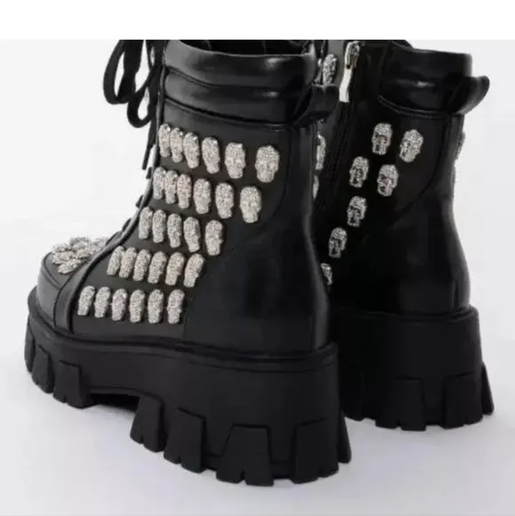Black punk rhinestone skull combat boots
