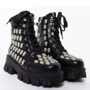 Black punk rhinestone skull combat boots