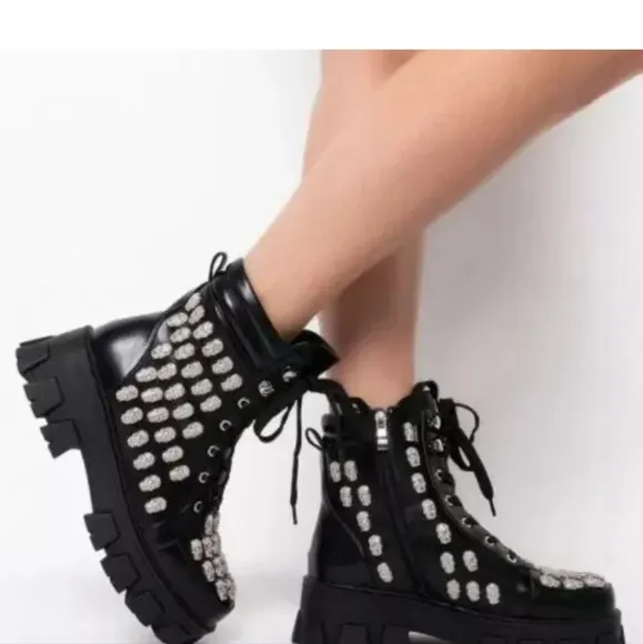 Black punk rhinestone skull combat boots