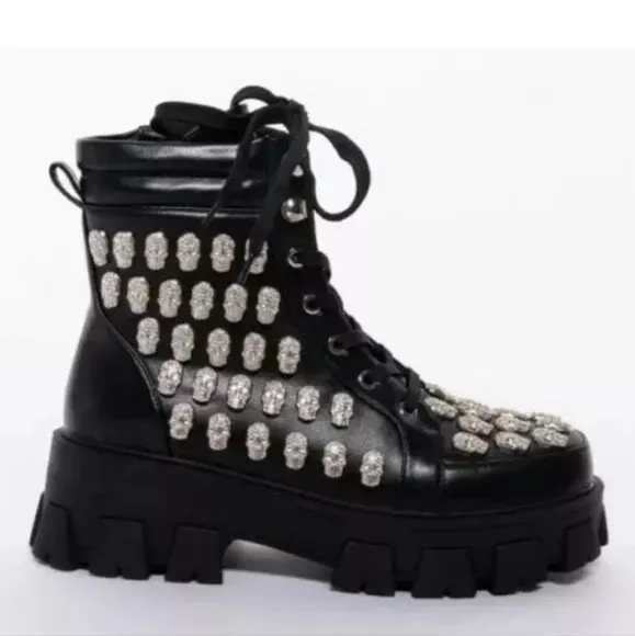Black punk rhinestone skull combat boots