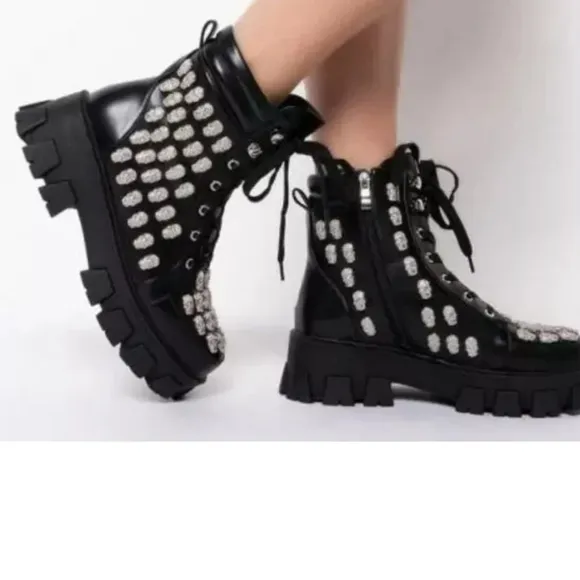 Black punk rhinestone skull combat boots