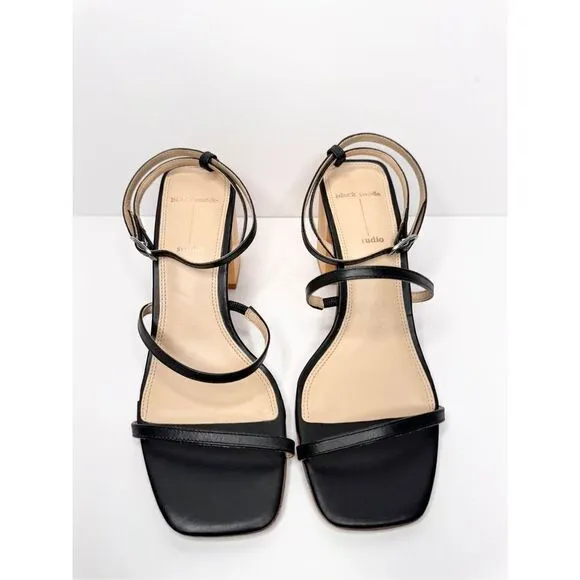 Black Studio Sandals Womens Size 8US Black Leather Strappy Wooden Heels