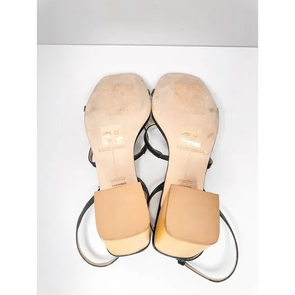 Black Studio Sandals Womens Size 8US Black Leather Strappy Wooden Heels