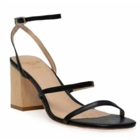 Black Studio Sandals Womens Size 8US Black Leather Strappy Wooden Heels