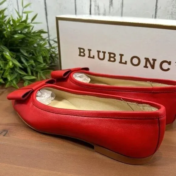 BluBlonc Maya Red Leather Pointed-Toe Bow Flats Size 36 US 6