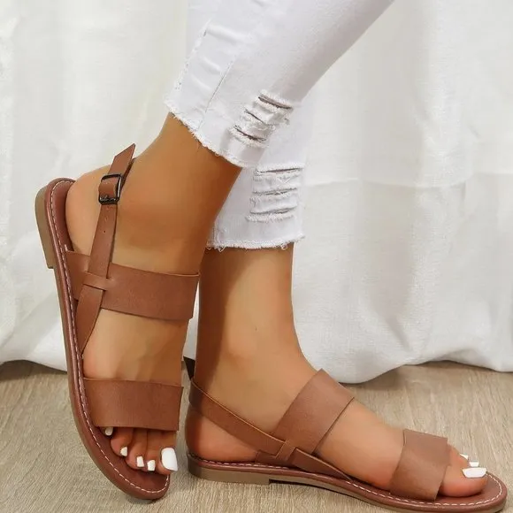 Boho Twin Strap Artificial Leather Open Toe Ankle Strap Sandals brown