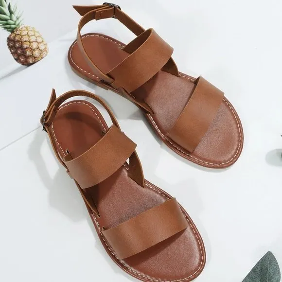 Boho Twin Strap Artificial Leather Open Toe Ankle Strap Sandals brown