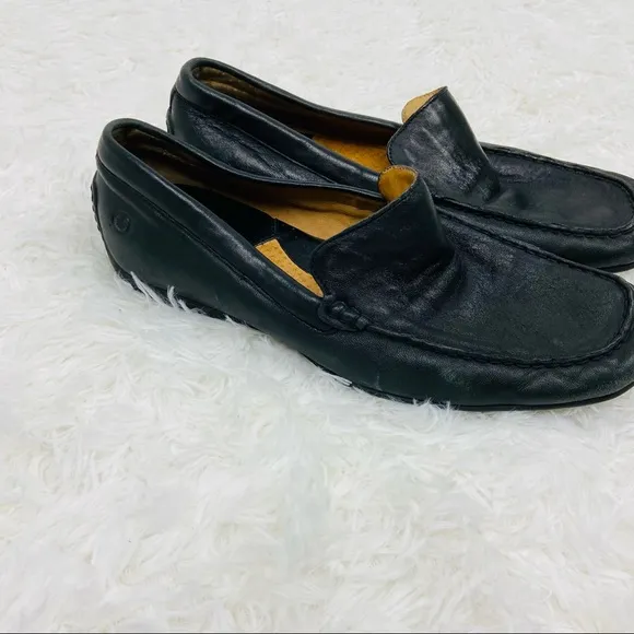 BORN black leather mens slip on driving loafers size 9.5