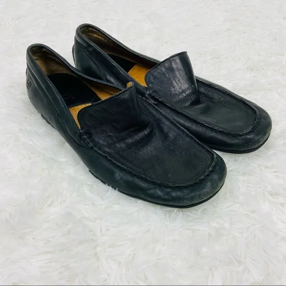 BORN black leather mens slip on driving loafers size 9.5