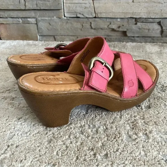 Born Salima Pink Leather Open Toe Sandals Platform Wedge Slip On Buckle: 10