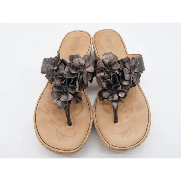 Born Sandals Womens 7 Brown Leather Copper Floral Cork Platform Thong Slip On