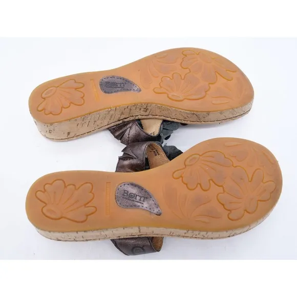Born Sandals Womens 7 Brown Leather Copper Floral Cork Platform Thong Slip On
