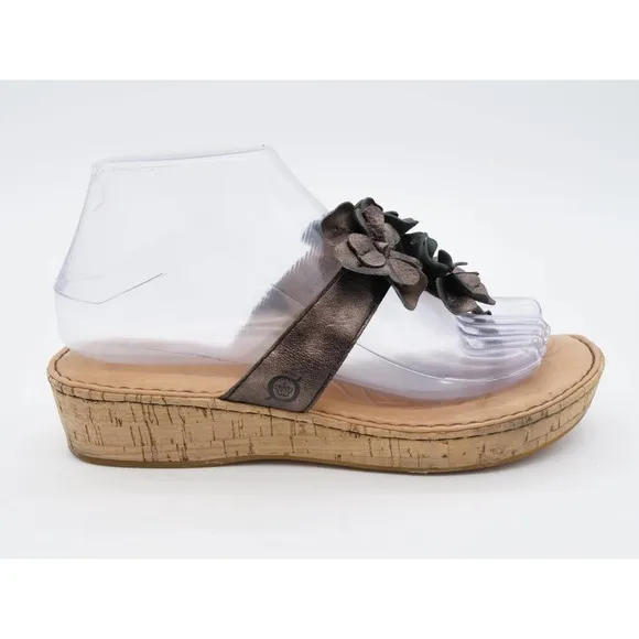 Born Sandals Womens 7 Brown Leather Copper Floral Cork Platform Thong Slip On