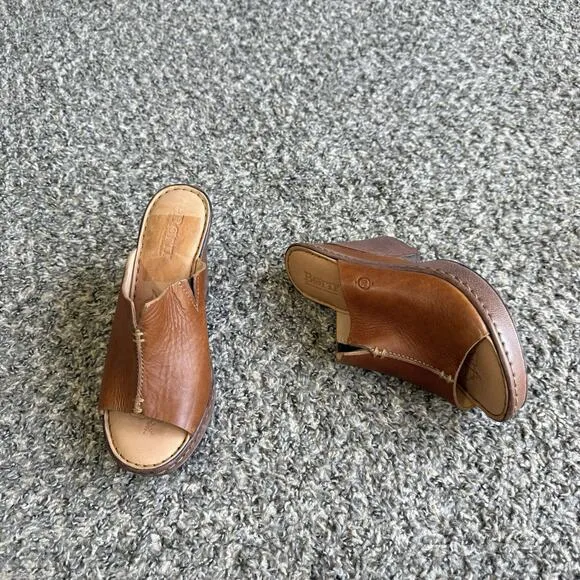 Born Size 7 Brown Leather Platform Heel Sandals Shoes Slide Slip On New