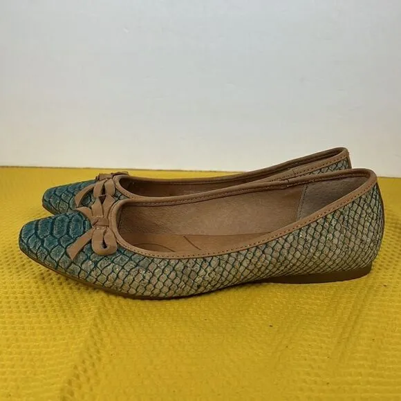 Born Carri Snakeskin Cork Tan Teal Bow Flats 6