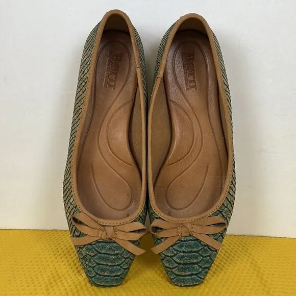 Born Carri Snakeskin Cork Tan Teal Bow Flats 6
