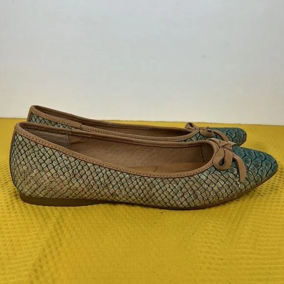 Born Carri Snakeskin Cork Tan Teal Bow Flats 6