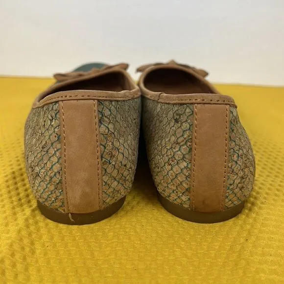 Born Carri Snakeskin Cork Tan Teal Bow Flats 6