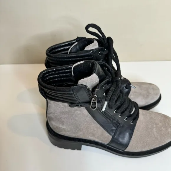 Botkier lace up moto combat boots in suede and leather in black and gray…