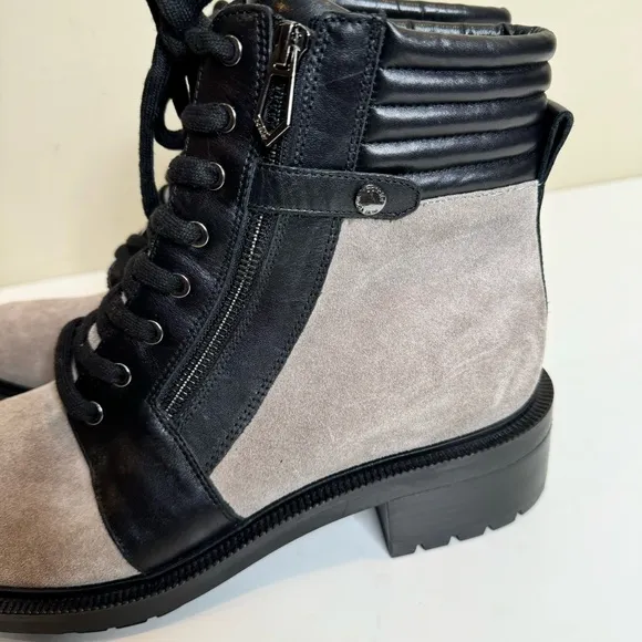 Botkier lace up moto combat boots in suede and leather in black and gray…
