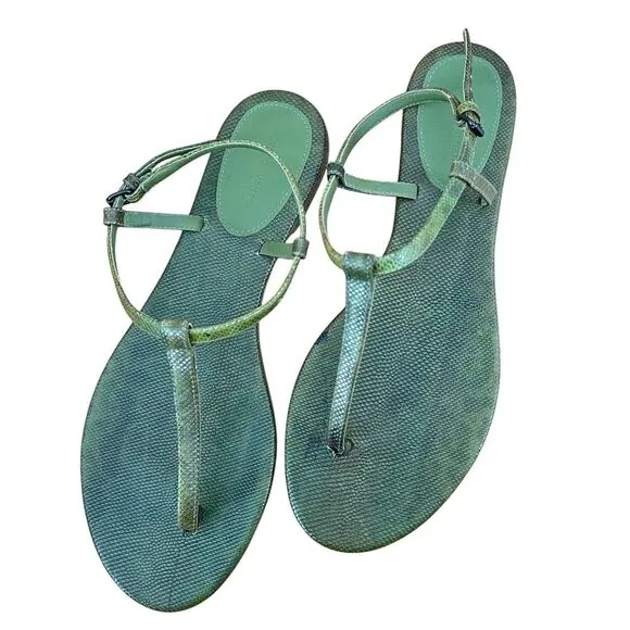 Bottega Veneta T-Strap Leather Sandals Green Size 39.5