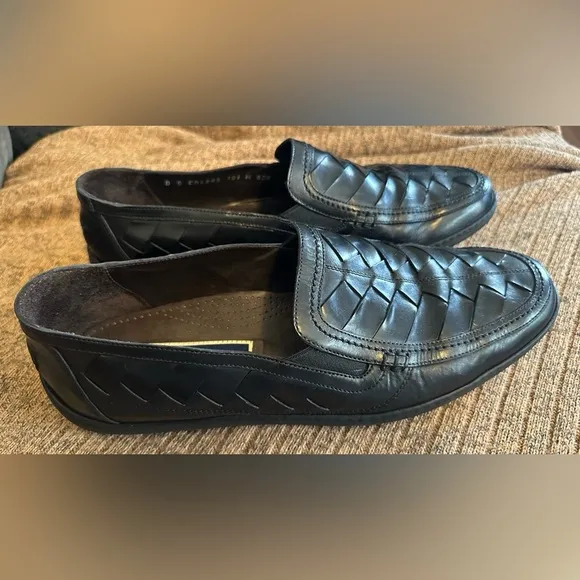 Bragano Men’s 10.5 M Black Leather Loafers Slip-On Shoes Woven Upper Italy