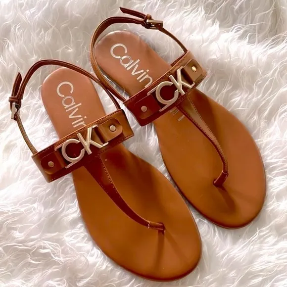 Brand New Calvin Klein Cognac Ankle Strap Thong Sandals Gold Tone Metal Logo