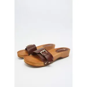 Brown Zara Leather Buckle Faux Wood Clog Open-Toe Slip-Ons Sandals (NWT)