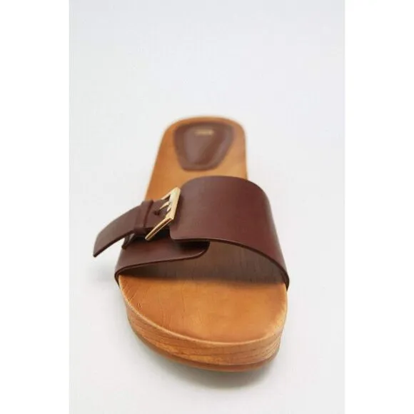 Brown Zara Leather Buckle Faux Wood Clog Open-Toe Slip-Ons Sandals (NWT)