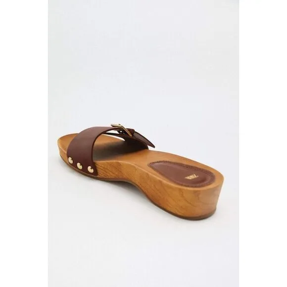 Brown Zara Leather Buckle Faux Wood Clog Open-Toe Slip-Ons Sandals (NWT)