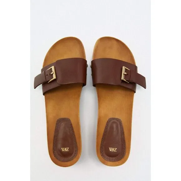 Brown Zara Leather Buckle Faux Wood Clog Open-Toe Slip-Ons Sandals (NWT)