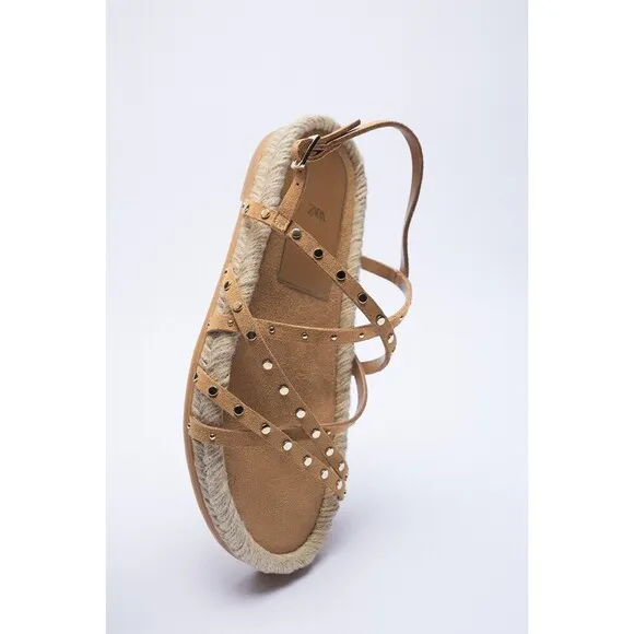 Brown Zara Suede Stud Embellished Straps Gladiator Espadrille Sandals (NWT)
