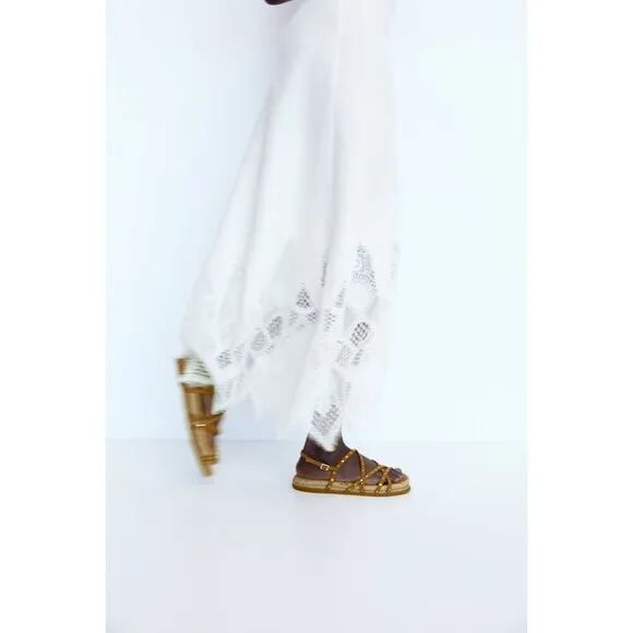 Brown Zara Suede Stud Embellished Straps Gladiator Espadrille Sandals (NWT)