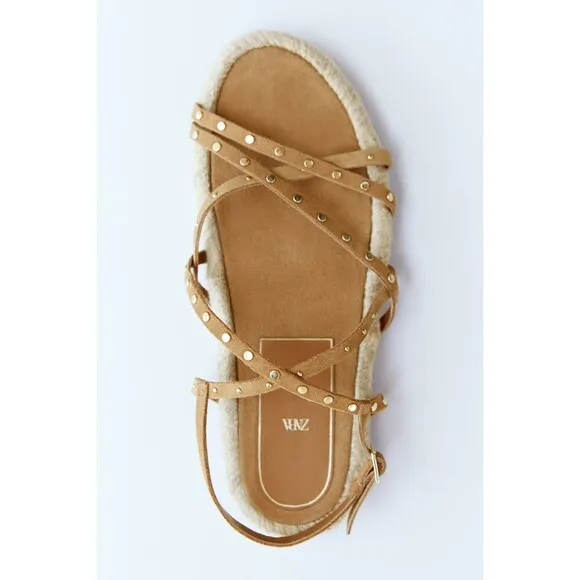 Brown Zara Suede Stud Embellished Straps Gladiator Espadrille Sandals (NWT)