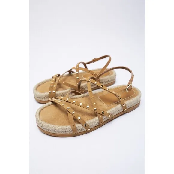 Brown Zara Suede Stud Embellished Straps Gladiator Espadrille Sandals (NWT)