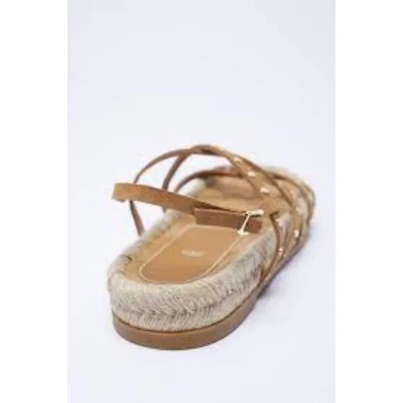 Brown Zara Suede Stud Embellished Straps Gladiator Espadrille Sandals (NWT)