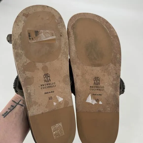 Brunello Cucinelli sandals 40 leather braided monili slip on slide designer