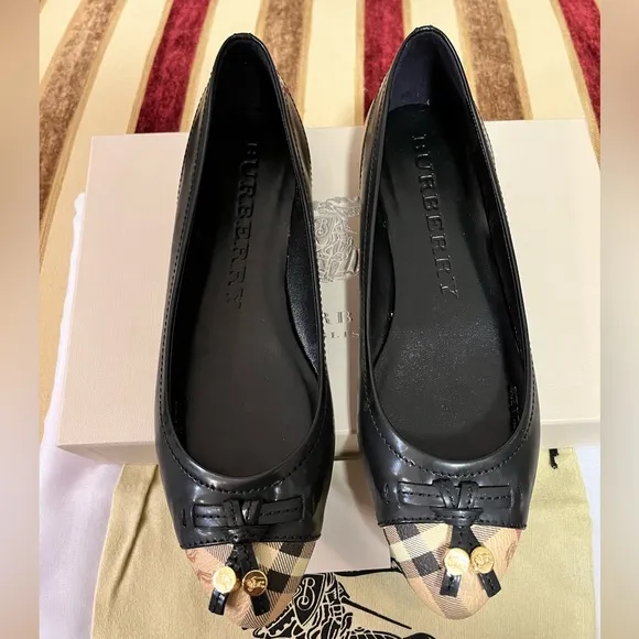 BURBERRY AUTHENTIC HAYMARKET YATES COATED CANVAS LEATHER BALLET…