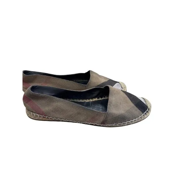 Burberry Brit Womens Plaid Brown Canvas Espadrille Flats Size 38 SKU 8264