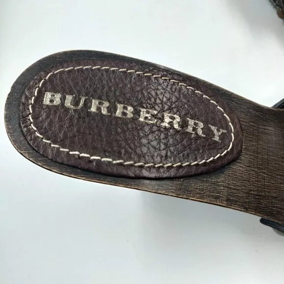 Burberry Womens Nova Check Strap Bow Wood 3.5&quot; Heeled Mule Sandals Size 37 US 7