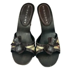 Burberry Womens Nova Check Strap Bow Wood 3.5&quot; Heeled Mule Sandals Size 37 US 7
