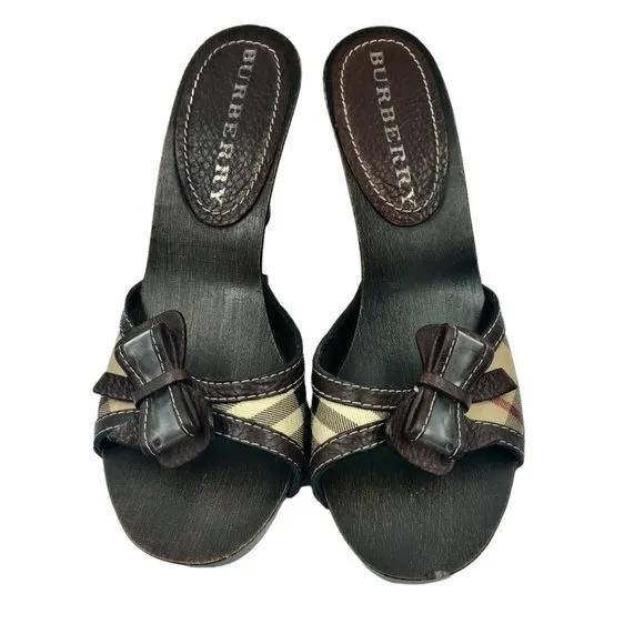 Burberry Womens Nova Check Strap Bow Wood 3.5&quot; Heeled Mule Sandals Size 37 US 7