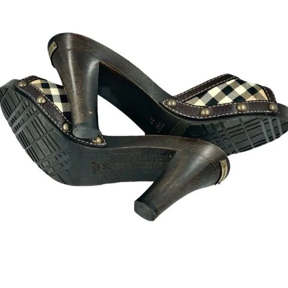 Burberry Womens Nova Check Strap Bow Wood 3.5&quot; Heeled Mule Sandals Size 37 US 7
