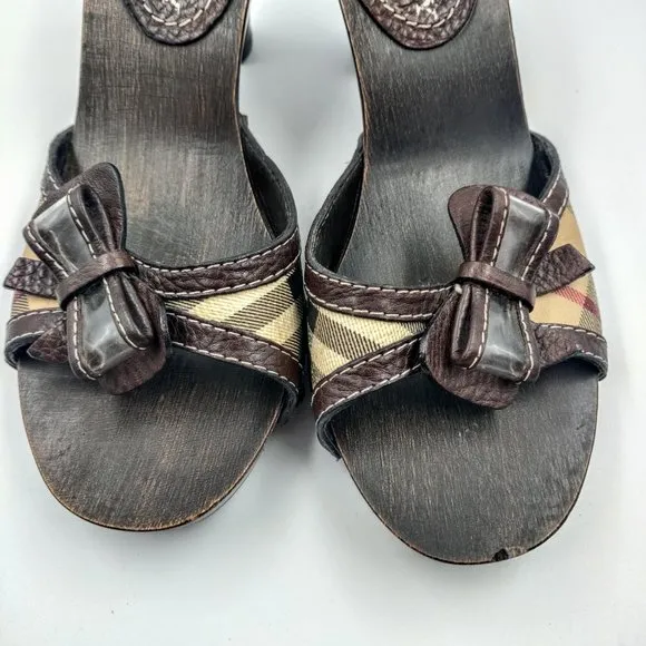 Burberry Womens Nova Check Strap Bow Wood 3.5&quot; Heeled Mule Sandals Size 37 US 7
