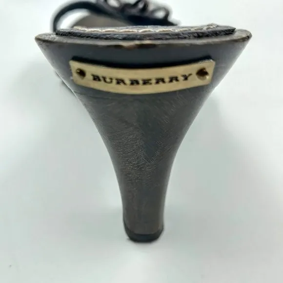 Burberry Womens Nova Check Strap Bow Wood 3.5&quot; Heeled Mule Sandals Size 37 US 7