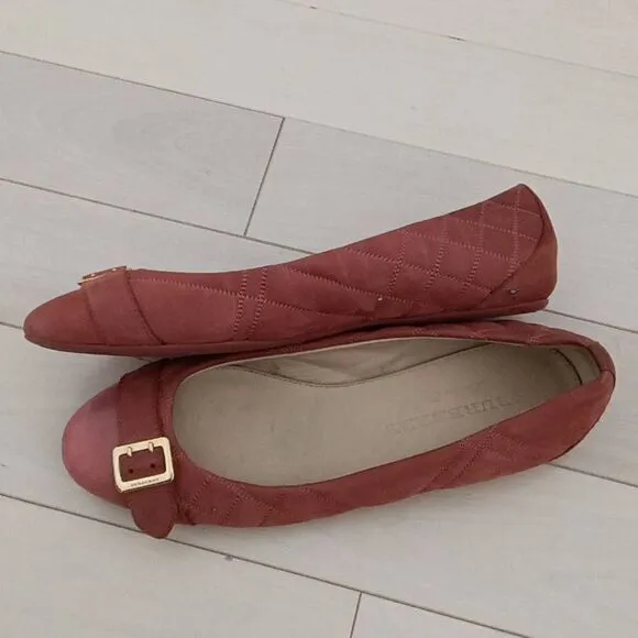 Burberry Women's Suede Quilted Buckle Cap Toe Ballet Flats Pink Size 37