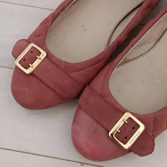 Burberry Women's Suede Quilted Buckle Cap Toe Ballet Flats Pink Size 37