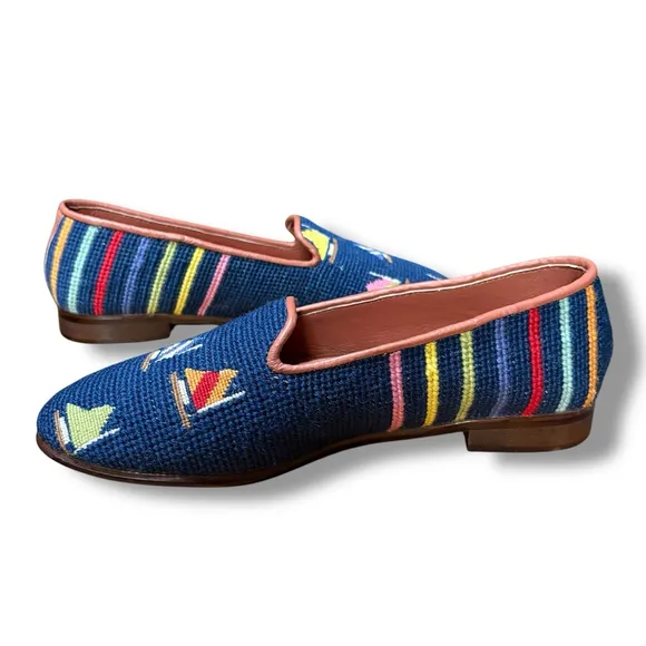 By Paige Needlepoint Loafers Blue Sailboats Sailor Nautical Preppy 7.5